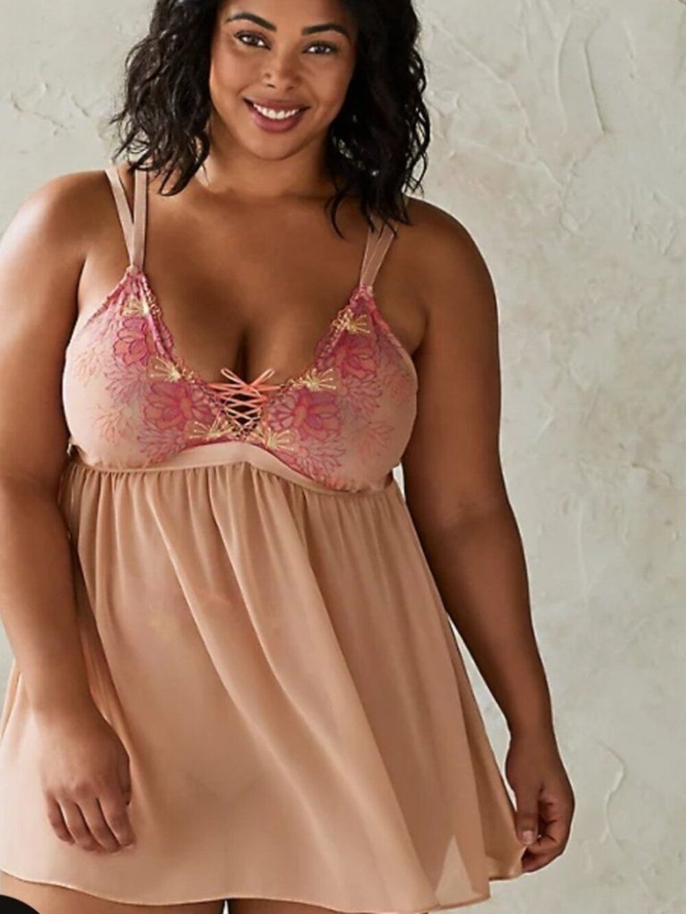 Torrid Babydoll Nighty Dress Womens 1 1X Sheer Floral Lace Embroidery Nude Sexy